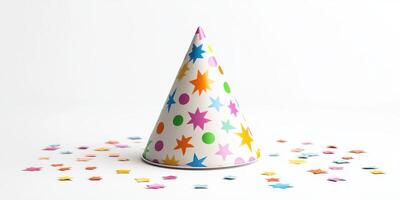 Colorful party hat with confetti on a clean surface for festive celebrations and gatherings photo