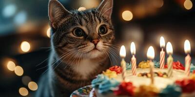Cat gazing at birthday cake with candles during festive celebration at home in the evening photo
