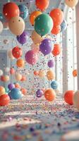 Colorful balloons and confetti create a festive atmosphere in a bright room during a celebration photo