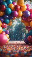 Festive balloon arch adorned with colorful confetti creating a joyful atmosphere at a celebration event photo