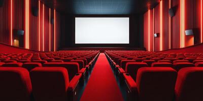 Spacious cinema auditorium with red seating and bright screen before movie screening at a modern theater photo