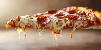 Delicious slice of pepperoni pizza with melted cheese being pulled away from the rest of the pizza photo