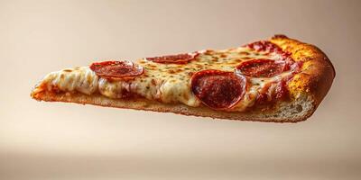 Delicious pepperoni pizza slice floating against a light background ready to be enjoyed photo