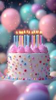 Colorful birthday cake with candles and balloons at a festive celebration setting photo