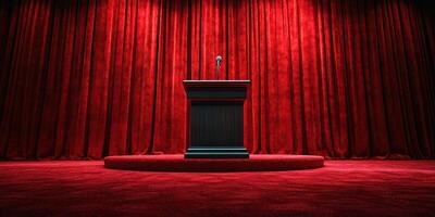 Stage setup with red curtains and podium ready for an upcoming presentation or performance event photo