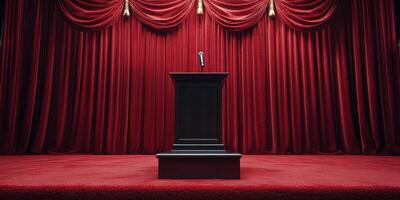 Empty podium with microphone in front of red velvet curtains set for an important speech or presentation photo