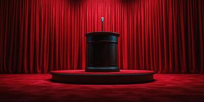 Stage set for an upcoming speech with a microphone and red velvet curtains in a theater photo
