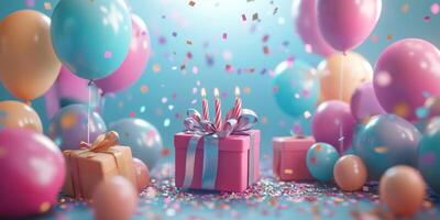 Colorful birthday celebration with balloons, confetti, and wrapped gifts on a vibrant background photo