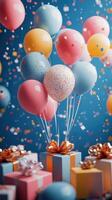 Colorful balloons and confetti create a festive atmosphere for a celebration with presents and decorations photo