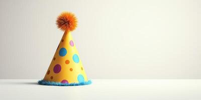 Colorful party hat decorated with polka dots and a pom pom sits on a table against a light background, adding a festive touch photo