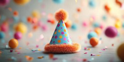 Colorful party hat surrounded by festive decorations in a playful celebration setup photo