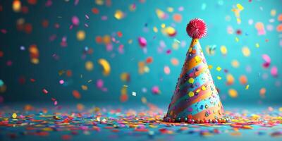 Colorful party hat surrounded by confetti in a festive celebration setting photo