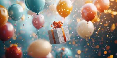 Colorful balloons and confetti create a festive atmosphere for a celebration with a floating gift box in the center photo
