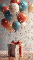 Bright celebration with colorful balloons and confetti surrounding a gift box at a festive event photo