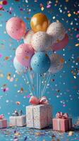 Colorful balloon bouquet and festive gifts create a joyful atmosphere for a celebration photo