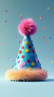 Colorful party hat adorned with pom pom and dots surrounded by confetti against a blue background photo