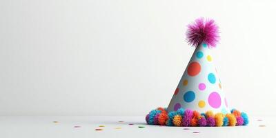 Colorful party hat with pom poms and confetti on a plain background creates a festive atmosphere for celebrations photo