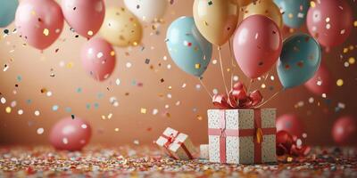 Celebration with colorful balloons and confetti surrounding a beautifully wrapped gift on a festive table photo