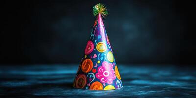 Colorful party hat on a dark surface creates a festive and cheerful atmosphere perfect for celebrations and gatherings photo