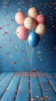 Colorful balloons with confetti create a festive atmosphere in a vibrant setting, ideal for celebrations and parties photo