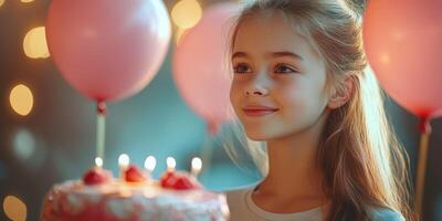 Birthday celebration for a young girl with cake and balloons at a festive gathering photo