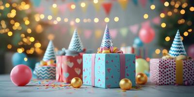 Colorful party decorations and gifts create a festive atmosphere for a celebration in a cozy setting photo
