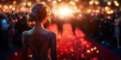 Glamorous evening event featuring a woman in a sparkling gown overlooking a bustling red carpet scene during a star-studded occasion photo
