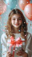 Young girl celebrating a birthday with balloons and a wrapped gift in a colorful setting photo