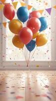 Colorful balloons float above a festive floor filled with confetti and decorations in a bright celebration space photo