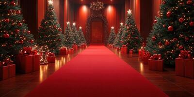 Elegant red carpet pathway lined with Christmas trees and wrapped gifts in a festive hall photo