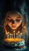 Young girl making a wish while blowing out candles on a birthday cake in a dark, magical setting with sparkles photo