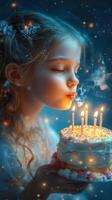Young girl celebrates her birthday by blowing out candles on a colorful cake in a starry atmosphere photo