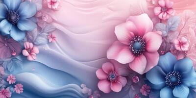 Vibrant floral design featuring blue and pink flowers against a soft gradient background photo