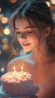 Young woman celebrates birthday with cake and candles in a softly lit setting during evening time photo
