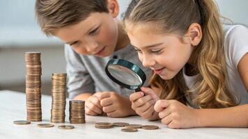 Boys and girls looking at coins with magnifying glass to learn about saving money photo