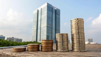 coin is placed in a row, the number of trees grows along the graph line, meaning the building is growing and the economy is prosperous. photo
