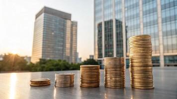 coins on a table in front of a building photo