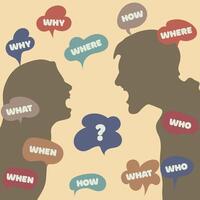 Who, what, where, when, why questions in speech bubbles. A man and woman discussing issues, representing communication, attitude, and relationships. vector