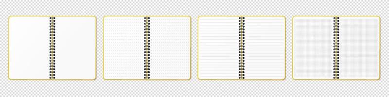 Lined, gridded and dotted sheets. Blank sheets of notebook with grid for homework and exercises. Creative illustration mock up diary. Realistic notepad. Vertical spiral. vector