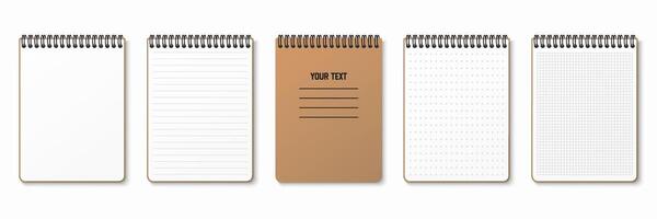 Lined, gridded and dotted sheets. Realistic notepad. Blank sheets of notebook with grid for homework and exercises. Horizontal spiral. Creative illustration mock up diary. vector