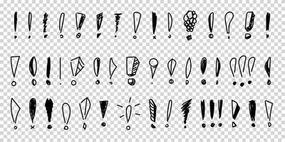 Set of hand drawn exclamation marks. Pencil and ink various scattered exclamation marks. Sketches of punctuation mark vector