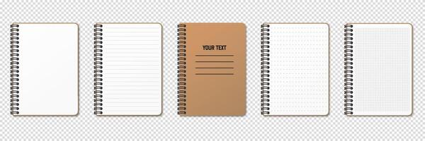 Realistic notepad. Lined, gridded and dotted sheets. Blank sheets of notebook with grid for homework and exercises. Vertical spiral. Creative illustration mock up diary. vector
