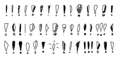 Set of hand drawn doodle exclamation marks. Pencil and ink various scattered exclamation marks. Sketches of punctuation mark vector