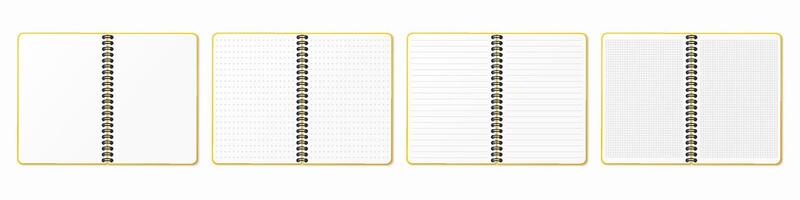 Vertical spiral. Lined, gridded and dotted sheets. Blank sheets of notebook with grid for homework and exercises. Creative illustration mock up diary. Realistic notepad. vector