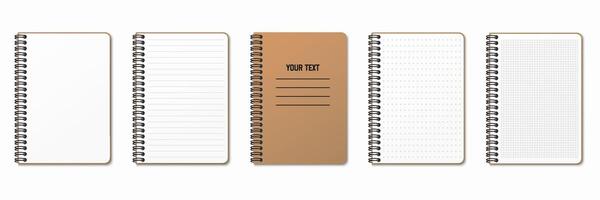 Lined, gridded and dotted sheets. Blank sheets of notebook with grid for homework and exercises. Vertical spiral. Creative illustration mock up diary. Realistic notepad. vector