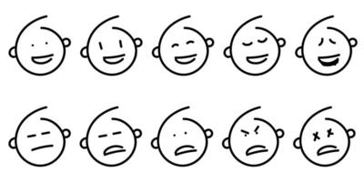 Set of black line outline emoticon face icons. Ideal for emoji, chat, or digital communication themes. vector