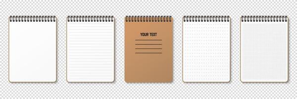 Realistic notepad. Lined, gridded and dotted sheets. Blank sheets of notebook with grid for homework and exercises. Creative illustration mock up diary. Horizontal spiral. vector