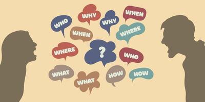 Speech bubbles with who, what, where, when, why questions. A man and woman chatting, symbolizing communication, position, and relationship concepts. vector