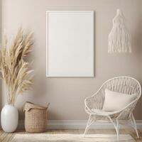 Photorealistic mock-up of a white picture frame in a modern livingroom environment with a classic scandinavian design. White textured frame. photo