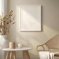 Photorealistic mock-up. white picture frame in a modern livingroom environment with a classic scandinavian design. White with a matte finish and an off-white textured background inside the frame. photo
